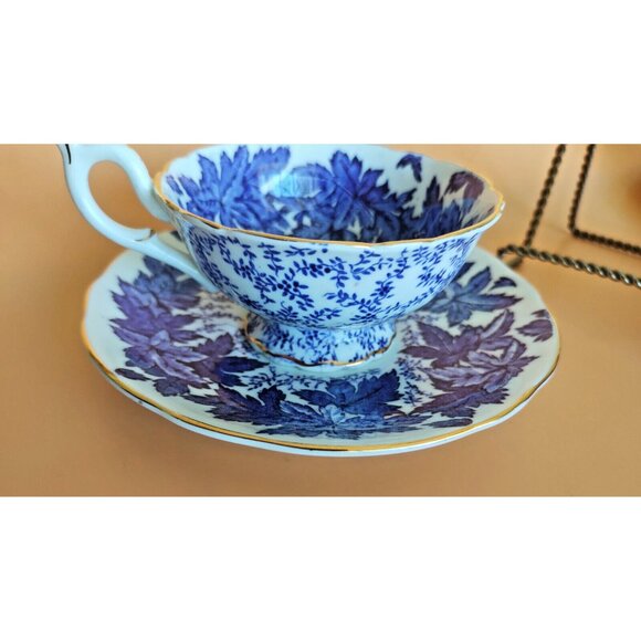 Coalport Hand Painted Tea Cup & Saucer Set Cobalt Blue Maple Leaf 1930's - Picture 4 of 15